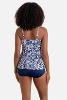 Woman turned away wearing a blue and white abstract floral printed tankini top
