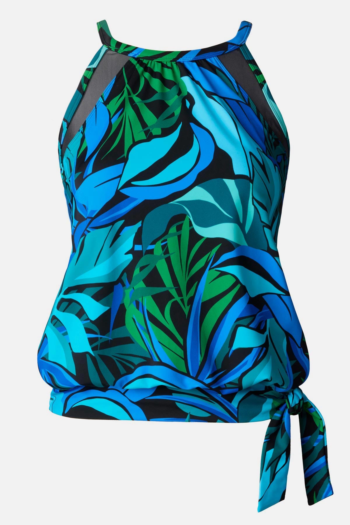 Blue and green palm leaf printed blouson tankini top