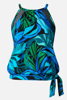 Blue and green palm leaf printed blouson tankini top