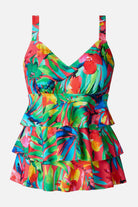 Multicolored palm leaf printed tankini top with ruffles