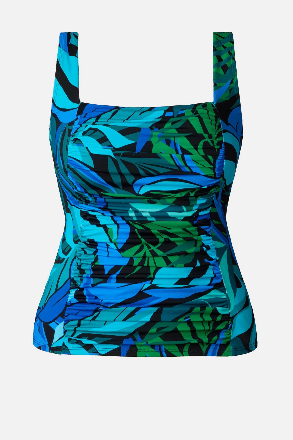 Blue and green palm leaf print square neck tankini top