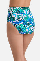Back view of blue and green floral printed high waisted swim bottoms