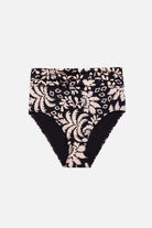 Black and white palm tree printed high waisted swim bottoms