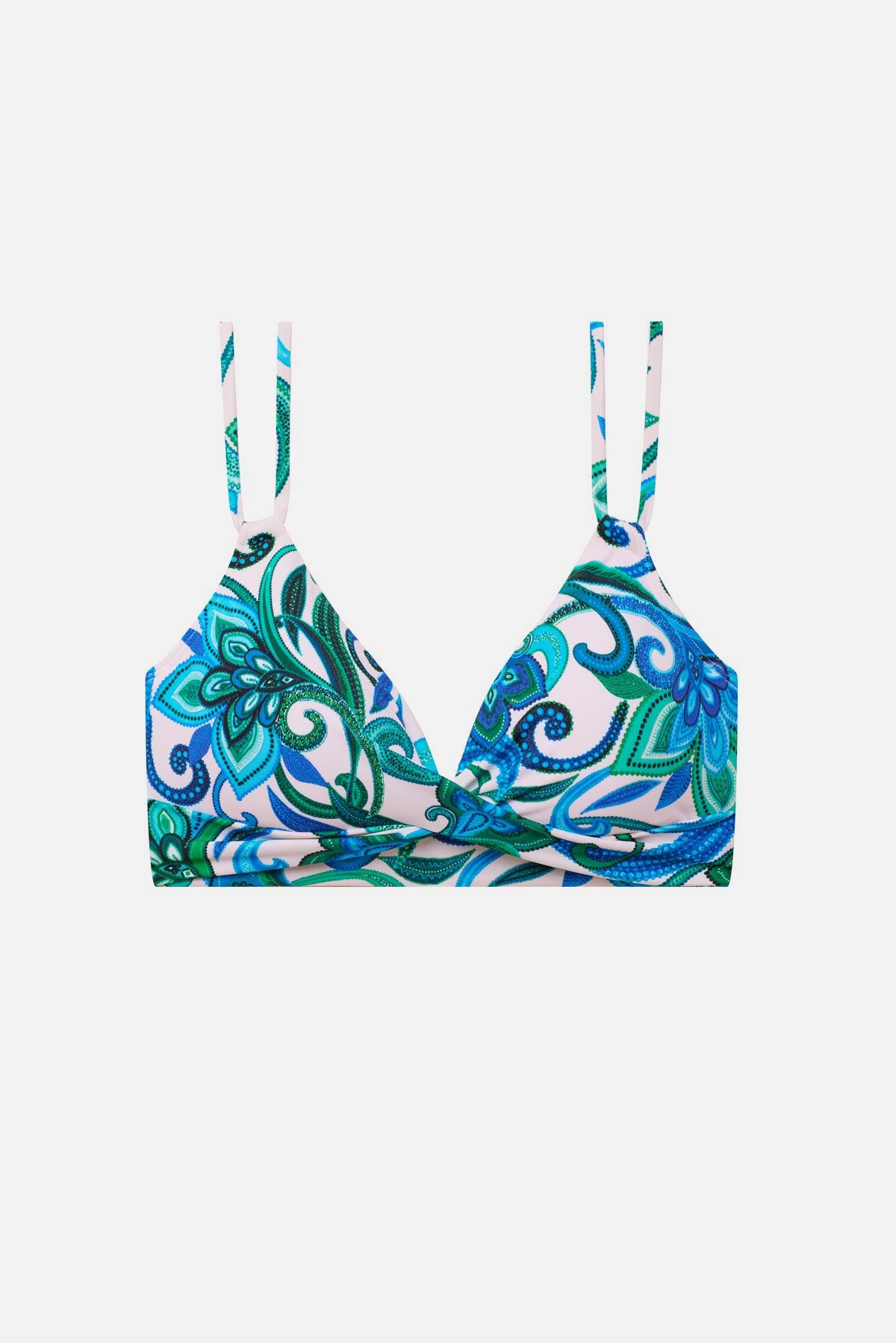 Blue and green floral printed bikini top with matching