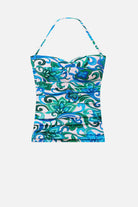 Blue and green floral printed bandeau tankini top