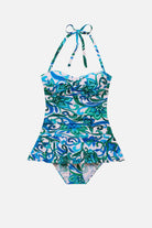 Blue and green floral printed skirted one-piece swimsuit
