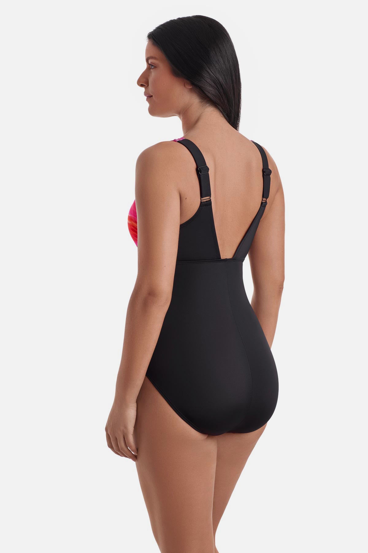 Woman turned left wearing a multicolor gradient one-piece swimsuit 