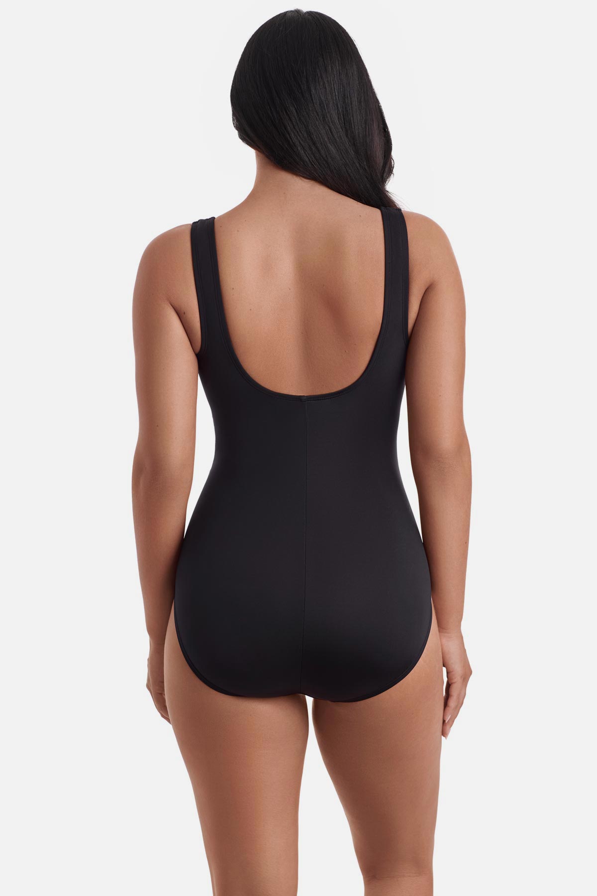 Woman turned away wearing a blue electric printed one-piece swimsuit