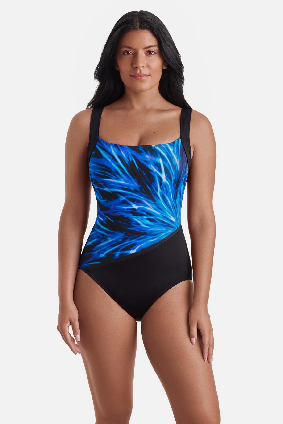 Woman wearing a blue electric printed one-piece swimsuit