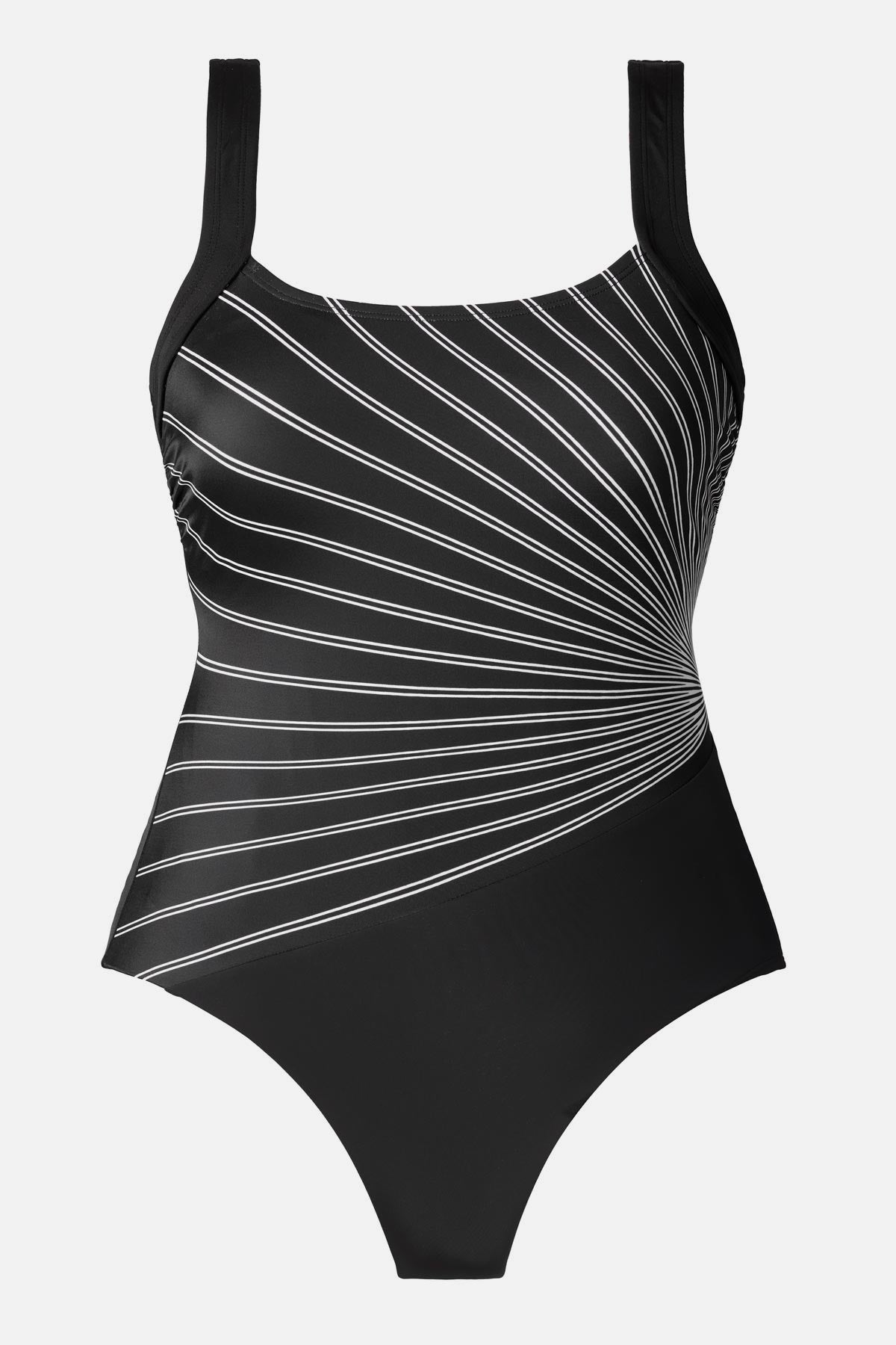 Black and white radial pattern one-piece swimsuit