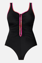 Black one-piece swimsuit with pink piping on the edges