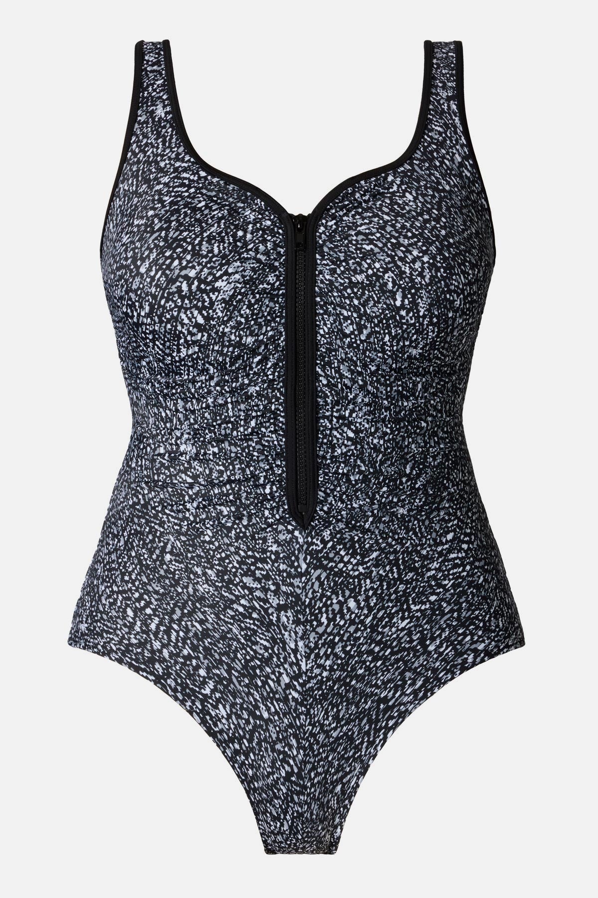 Black and white static print one-piece swimsuit with a zipper down the front