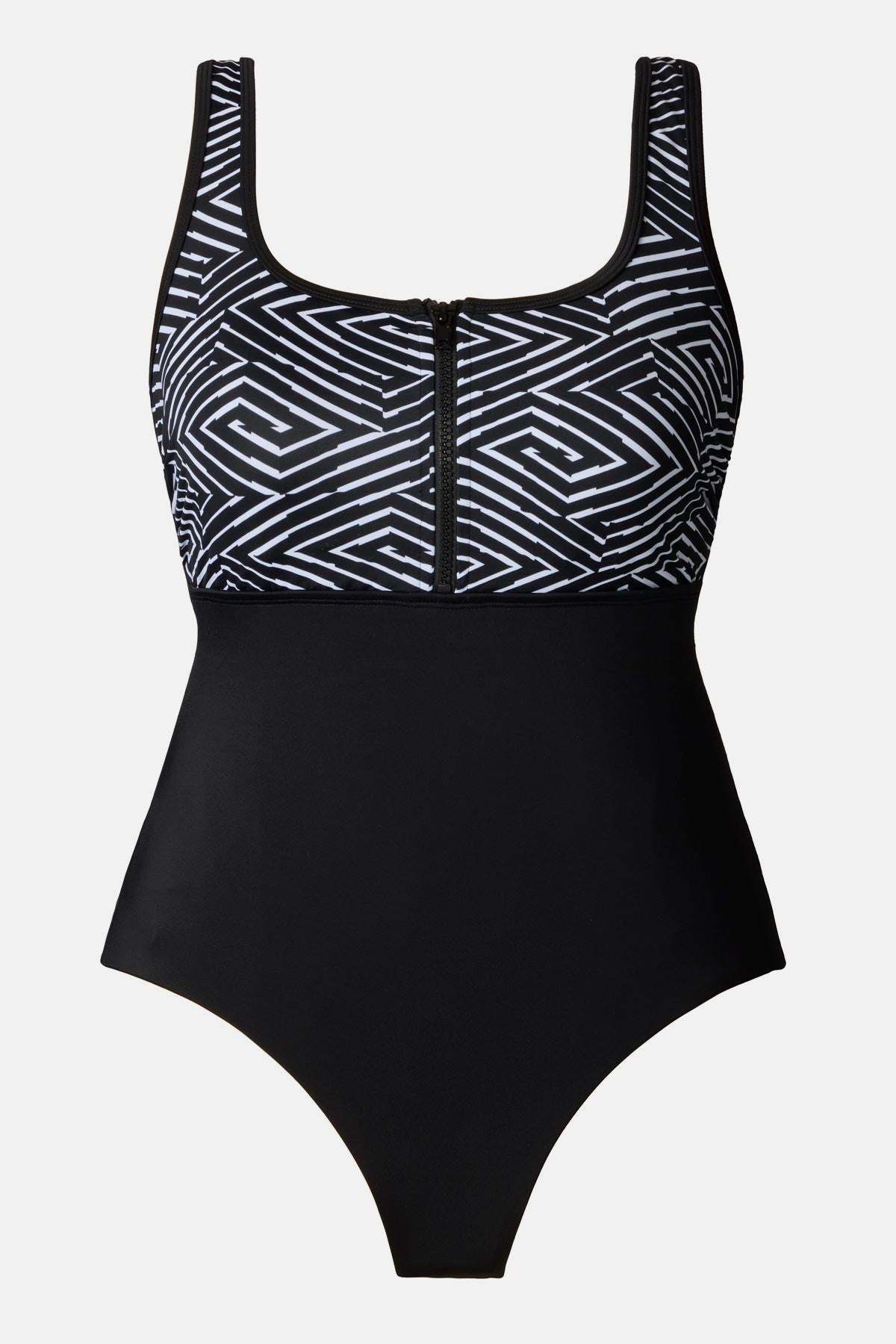 Black and white maze print one-piece swimsuit with a zipper down the front