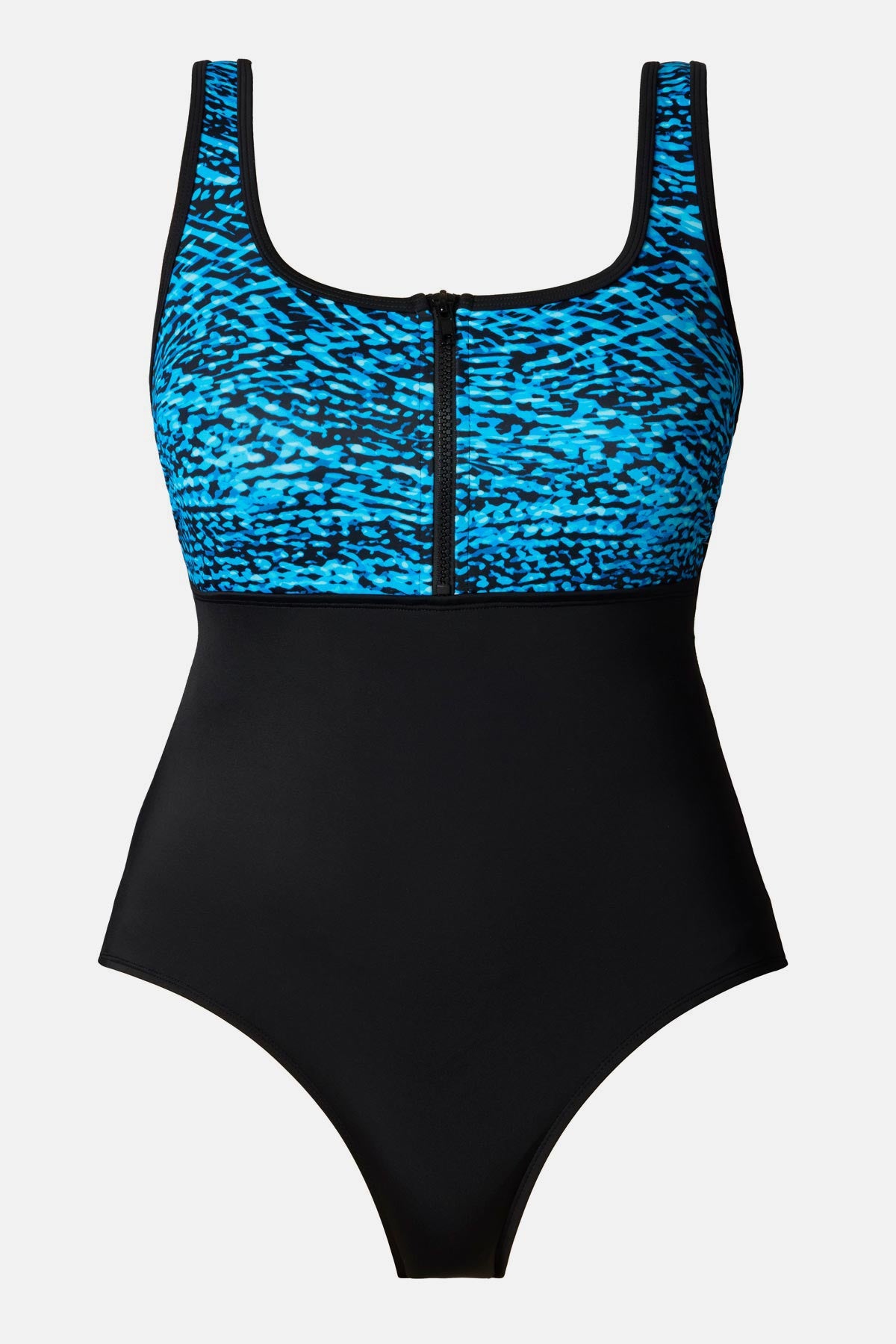 Black and blue abstract printed one-piece swimsuit with a zipper down the front