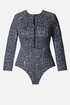 Long sleeve one-piece swimsuit with a black and white abstract print