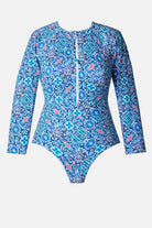 Long sleeve one-piece swimsuit with a blue tile print