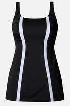 Black and white swim dress with stripes down the sides