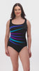 Woman wearing a black swimsuit with blue streaks down the front