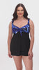 Woman wearing a blue and black oil slick printed bust swim dress