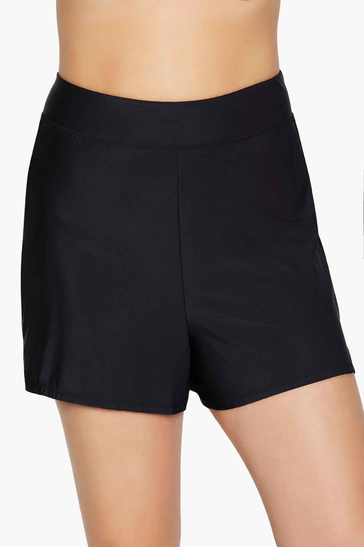 Front view of black swim shorts
