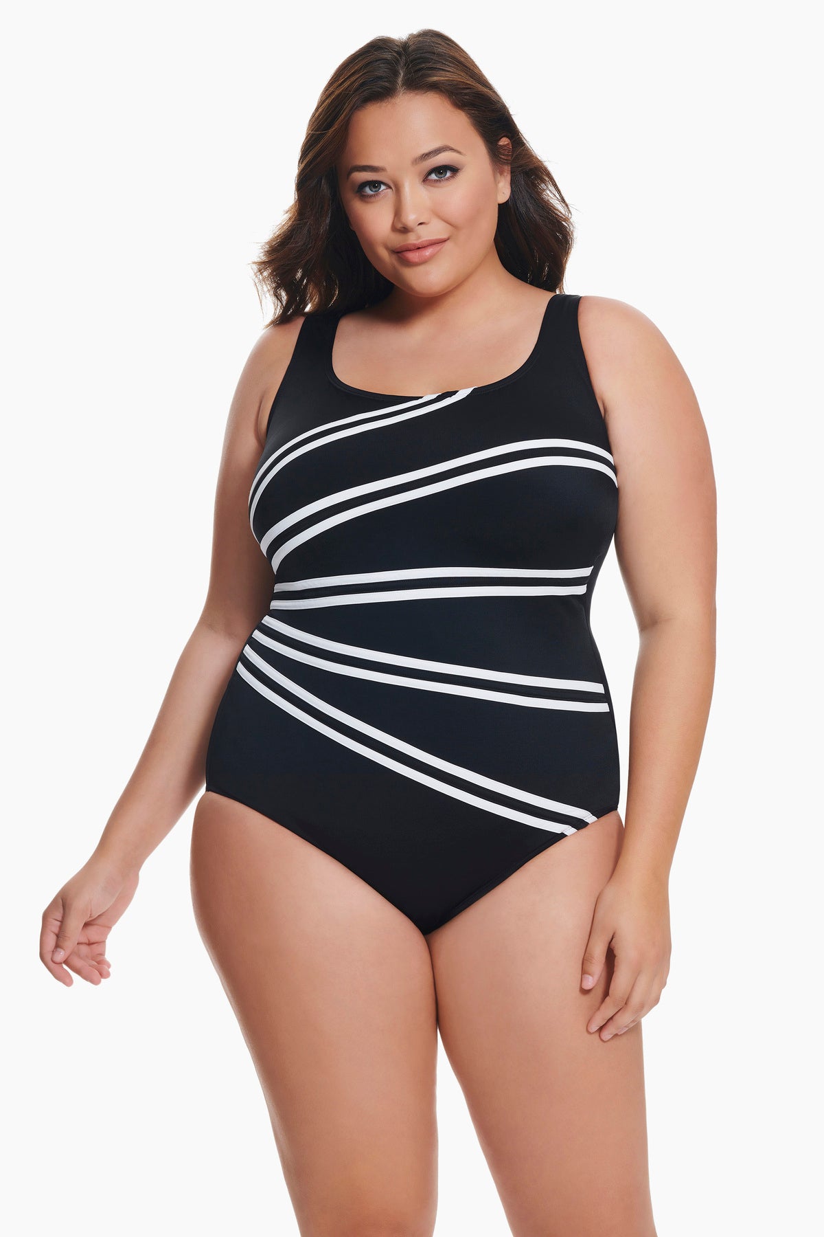 Plus Size Overlay Fan Tank Long Torso One Piece Swimsuit Colorblock