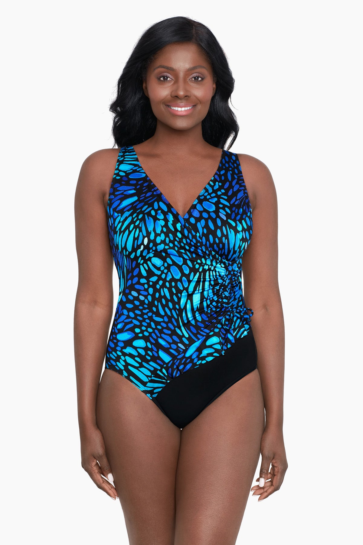 Navy Blue Swimdress Longitude Women's Long Torso Ruffle Surplice
