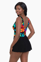 Side view of Mock Surplice Swim Dress in Cayenne