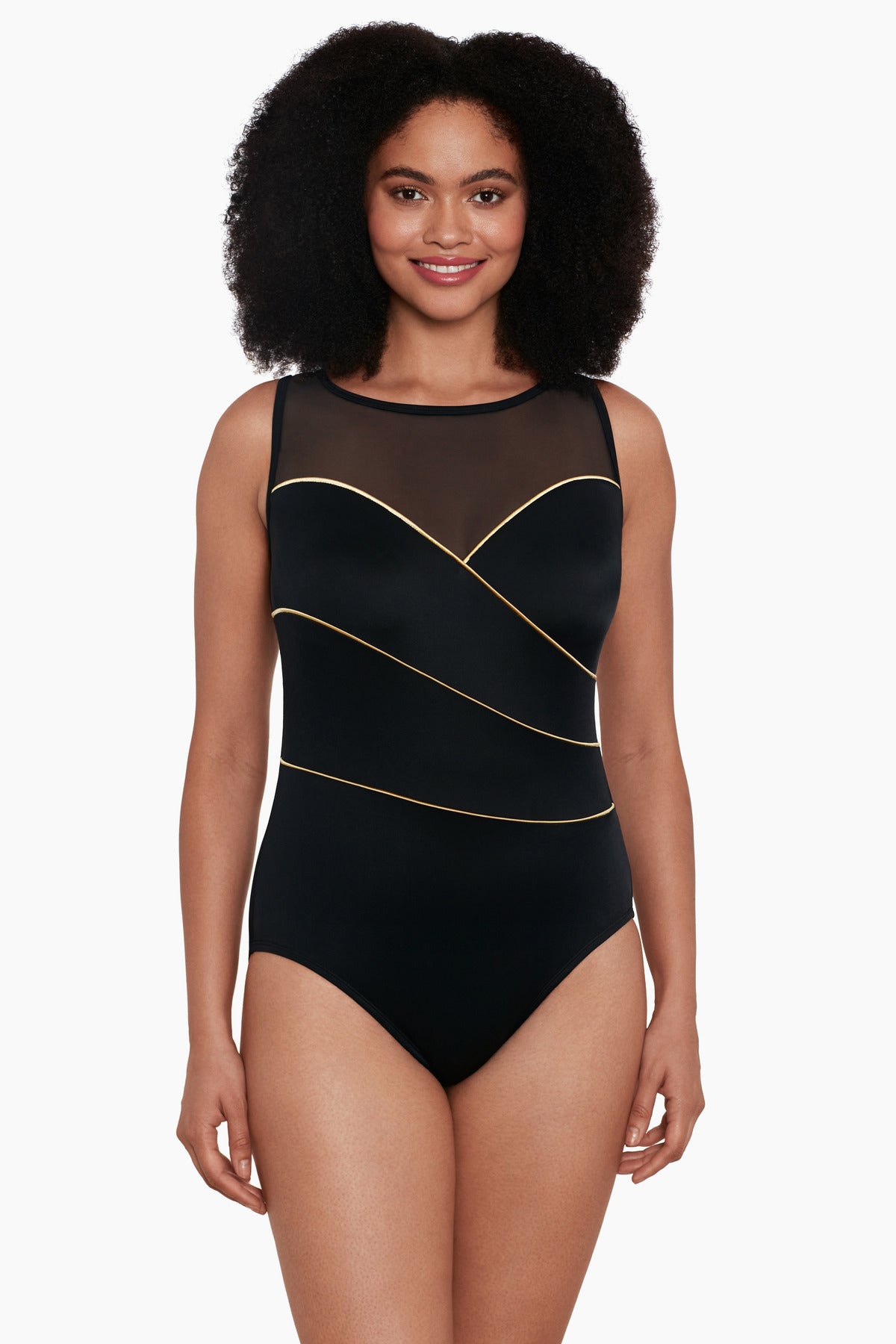 Mesh Highneck Long Torso One Piece Swimsuit Piping The Wave